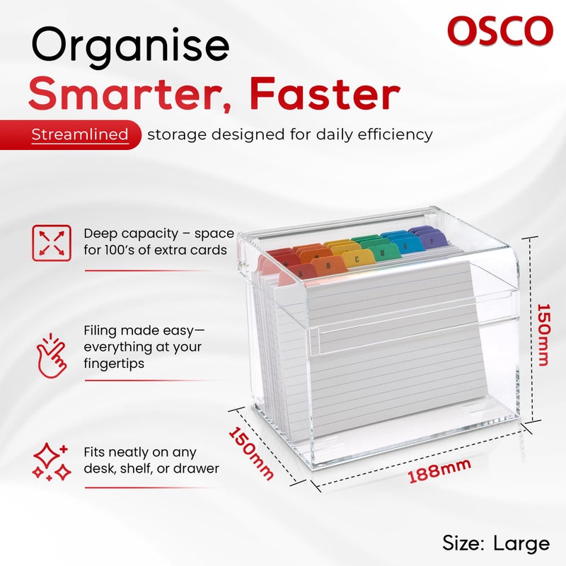 OSCO Clear Acrylic Index Box, Large, A to Z Divider Tabs, 100 Lined Note Cards, 7" x 5", Ruled Revision Flash Cards, Recipe Notes, Office Contact Filing, Desktop Organiser, 177 x 127 mm - Image 3